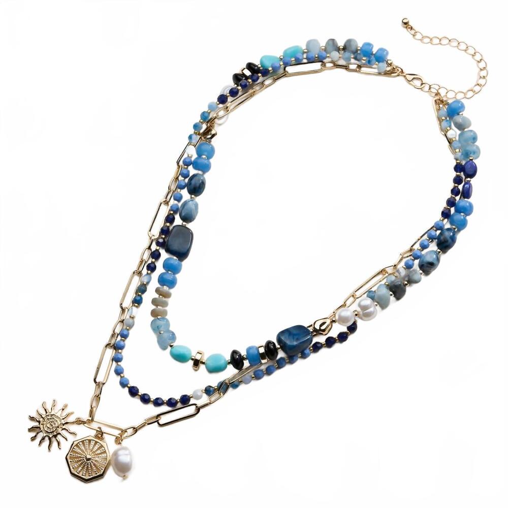 NEW FREM women's sun charm layered beaded necklace in blue